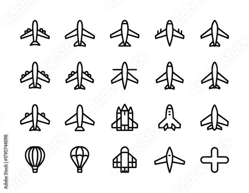Airplane aviation travel outline icon set