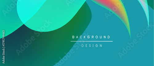 Abstract fluid shapes, vibrant teal hues dominate. Rainbow gradient accents right side. Text reads background design. Modern aesthetic.