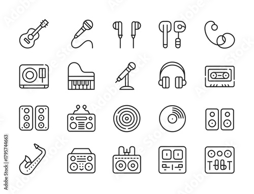 Music instrument audio outline icon collection