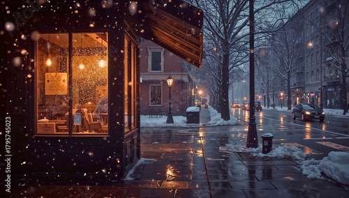 Wallpaper Mural A café glowing with golden window light on a snowy evening, with empty street reflections and falling snow. A cozy, nostalgic urban winter scene.
 Torontodigital.ca