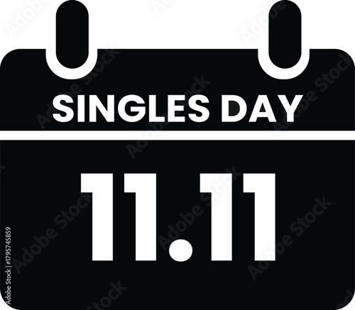 Black and white graphic silhouette of a calendar page displaying the date 11.11 for Singles Day, a major shopping event and celebration for single people