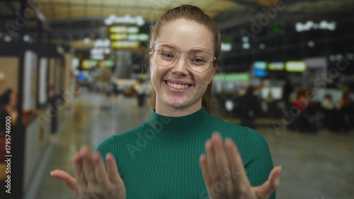 Fotografía Smiling woman in green turtleneck sweater clasps hands at busy airport terminal; serenity calmness optimism