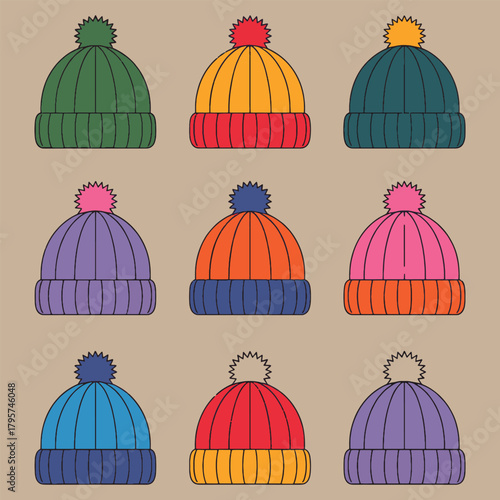 Nine colorful knitted winter hats with pom poms arranged in a grid knitted hat pom hat