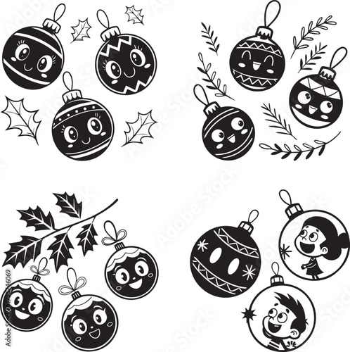 A set of cute round Christmas ornament silhouettes with simple facial expressions, minimal strokes, playful shapes, kid-friendly festive vector art, 