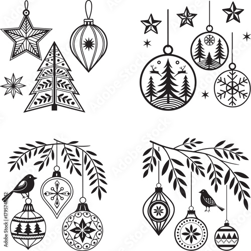 Birds Scandinavian Style Decoration set, Scandinavian-inspired Christmas ornaments silhouette set with geometric shapes, simple lines, clean curves, 