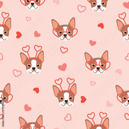 Funny dog with hearts seamless pattern. Cartoon dog heads with heart-shaped glasses and horns. Beige, pink and white colors. Cute print on fabric and paper. Vector romantic design for Valentine's Day.