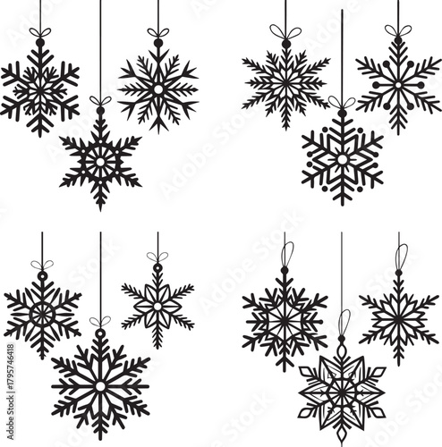 A set of snowflake-shaped Christmas ornaments in bold silhouette style, symmetrical geometric snowflakes hanging by thin strings, clean black vector.  Clip art of hanging snowflakes, vector graphics.
