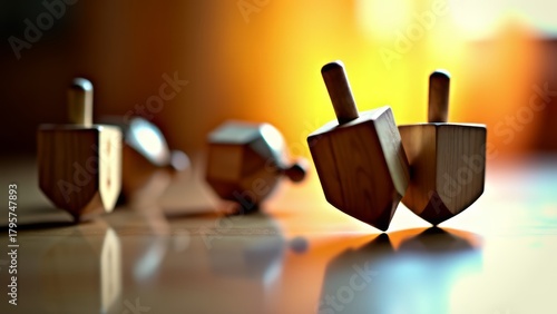 Dreidels on table, hanukkah holiday