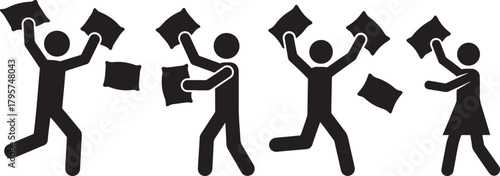 Four stick figure people joyfully throwing papers in the air silhouette