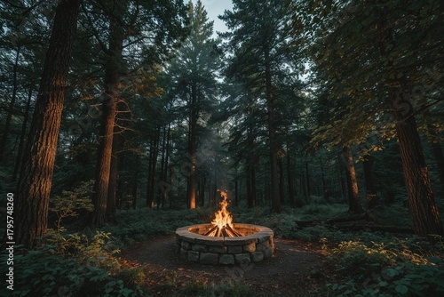 Campfire in forest clearing at dusk
