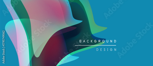 Abstract colorful shapes overlap, creating dynamic visual effect. Blue background features text background design. Modern, vibrant composition.