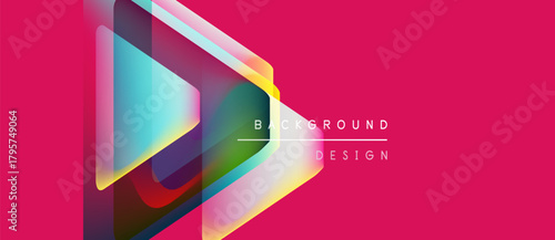 Abstract geometric shapes overlap vibrant pink backdrop. Design features translucent triangles, gradients, modern aesthetic. Text reads background design.