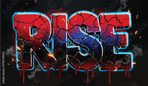 Cracked red and blue R I S E graffiti letters with smoke