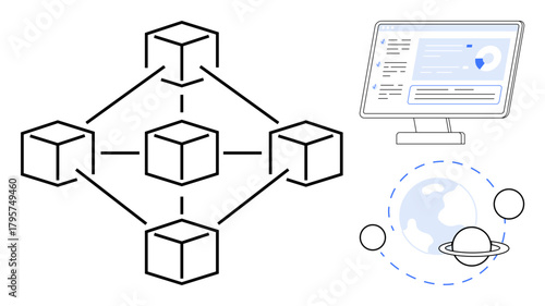 Blockchain structure connected by lines, monitor displaying data dashboard, planet orbiting satellites. Ideal for technology, blockchain, global data, cybersecurity, innovation, decentralization