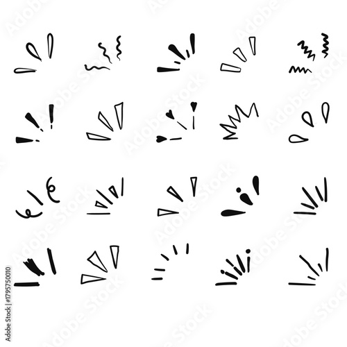 Doodle hand-drawn sunburst sparkle ray elements set