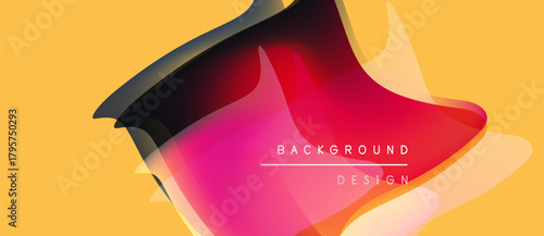 Abstract fluid shapes overlap, creating vibrant color gradients. Yellow background complements pinks, reds, blacks. Text reads background design.