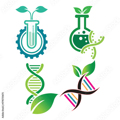 Biotechnology and DNA Research Vector Icon Set, Genetic Engineering and Eco Science Symbols
