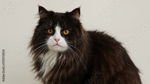 Black and white long-haired cat looking at the camera against a plain background.