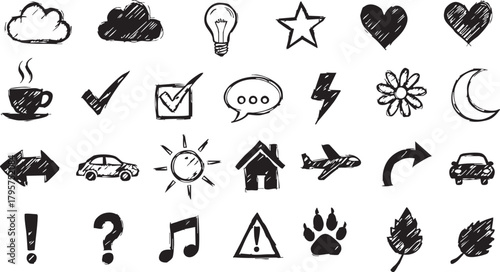 Set of simple hand drawn sketch doodle icons illustrating weather transport signs communication and nature elements