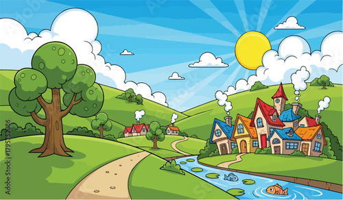 Cartoon village with colorful houses and a winding river