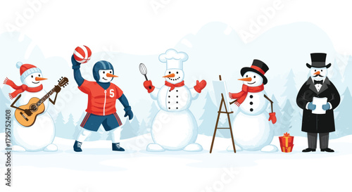 Joyful snowmen celebrate winter fun with music, sports, cooking, art, and formal elegance in a snowy wonderland