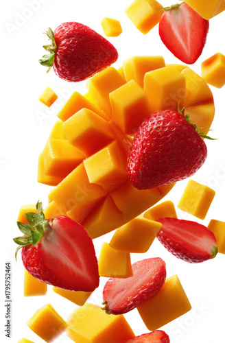 A fruit salad with strawberries and mango cubes