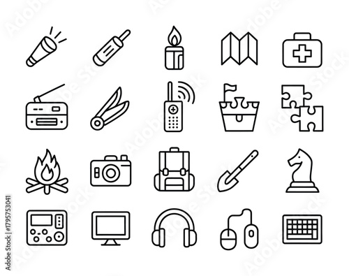Camping adventure survival outline icon pack