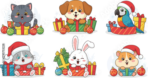 Adorable cartoon pets including cats, dog, parrot, bunny, and hamster celebrating Christmas with festive gifts and ornaments