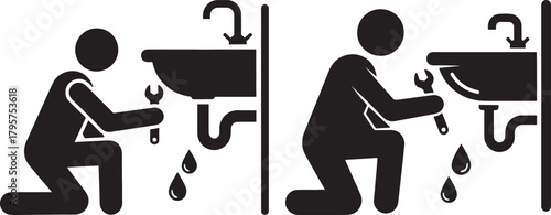 Two plumbers fixing leaky sinks in silhouette