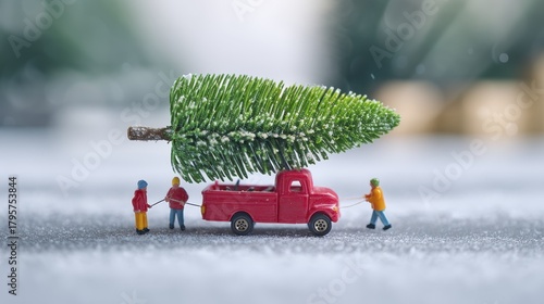 Miniature figures transporting christmas tree on red truck in winter wonderland scene