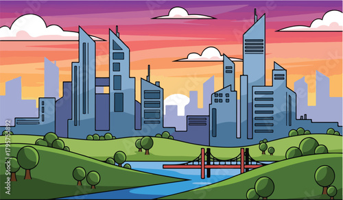 Cartoon cityscape with bridge and sunset sky illustration
