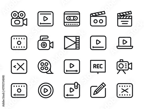 Video production and filmmaking line icon collection