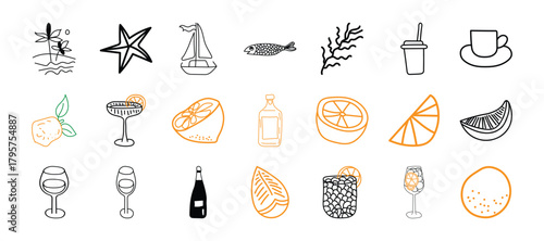 Collection of hand drawn abstract elements including drinks fruits and decorative shapes