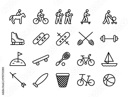 Sports and outdoor activity line icons for fitness games and recreation