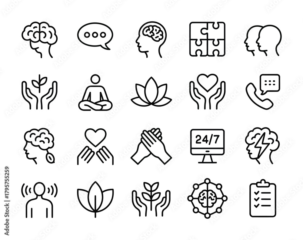 Fototapeta premium Mental health and wellness line icons for therapy mindfulness and care