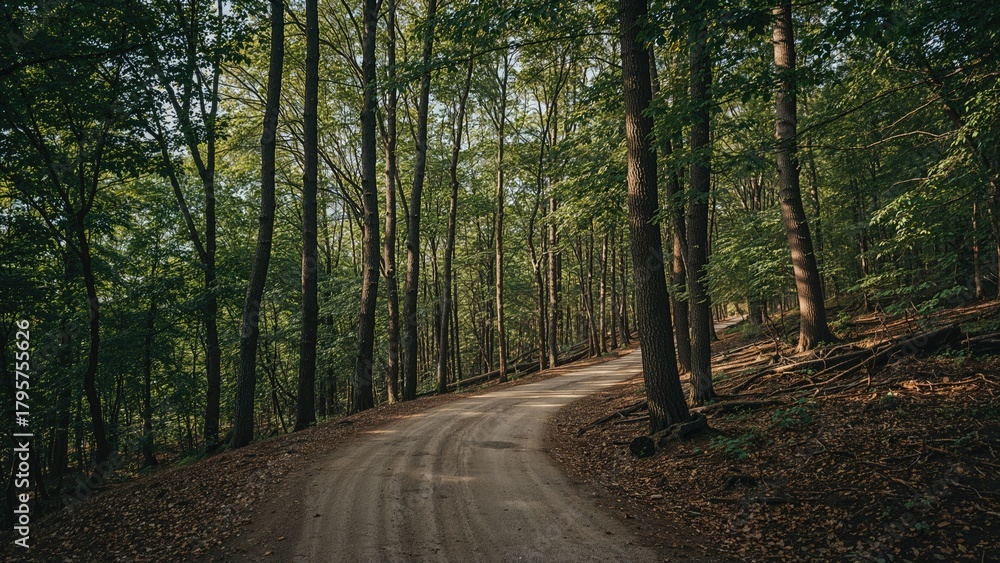 Fototapeta premium A dirt road winding through a dense forest with tall trees and green foliage.