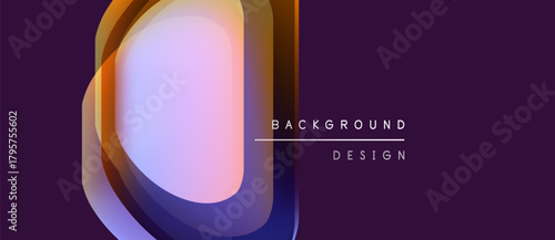 Abstract geometric shapes overlap, creating vibrant color gradients. Purple dominates background, with gold accents. Modern design element.