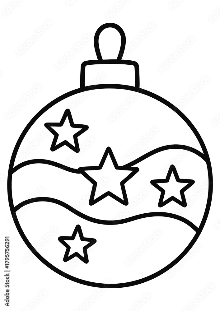 Obraz premium Black and white linear drawing of a Christmas ball decorated with stars and circles. The elegant decor with wavy lines creates a minimalist and stylish look.