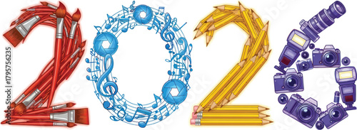 Celebrate creative arts and media with this vibrant 2026 design featuring brushes music notes pencils and cameras