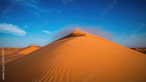 Fototapeta Naklejka Na Ścianę i Meble -  Desert scene with sand dunes and a mountain under a blue sky.