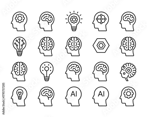 Brain AI technology innovation and neural intelligence line icon set