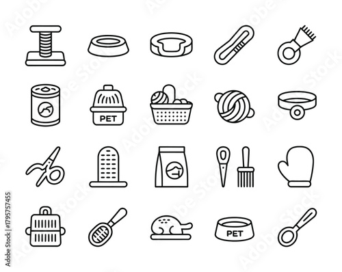 Pet supplies grooming tools and animal care essentials line icon set