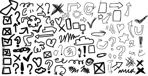 Collection of hand drawn doodle icons and symbols on white background