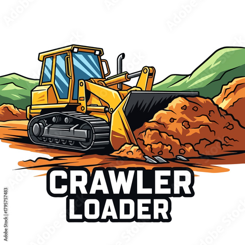 Crawler loader in construction with a bulldozer shoveling dirt, heavy machinery for earthmoving