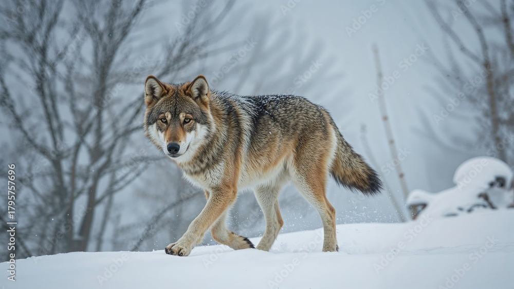 Naklejka premium A wolf walking through a snowy landscape in a winter forest.