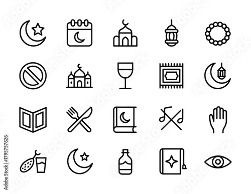 Ramadan islamic festival religion and eid celebration line icon set