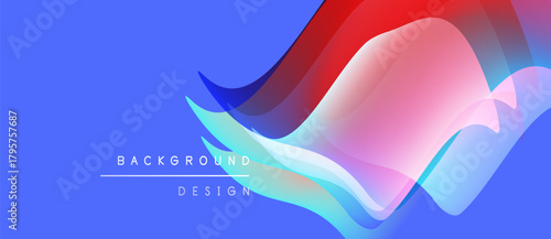 Abstract waves, vibrant colors, dynamic composition. Blue backdrop highlights red, pink, cyan curves. Modern design element.