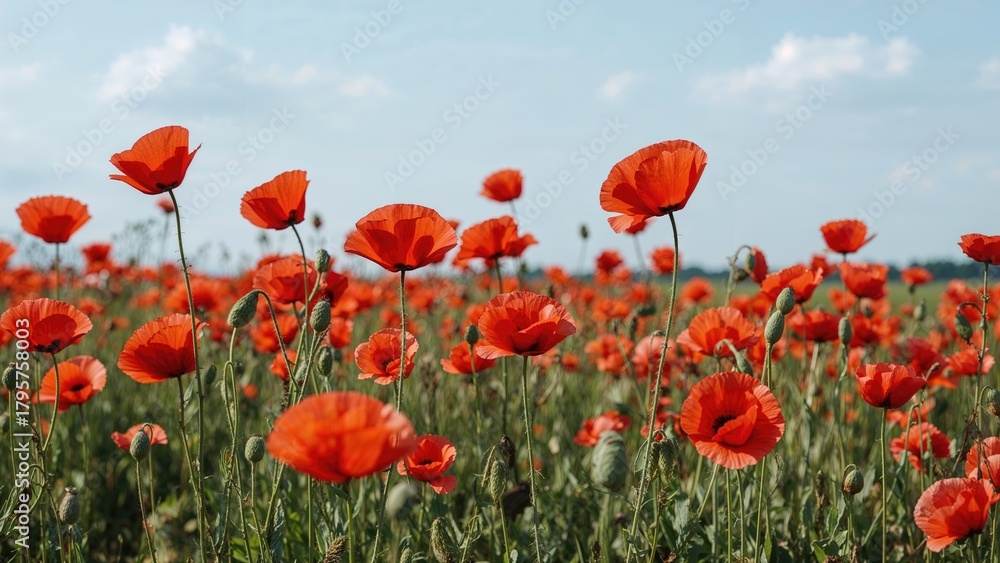 Fototapeta premium Red poppies in a field under a blue sky with clouds.