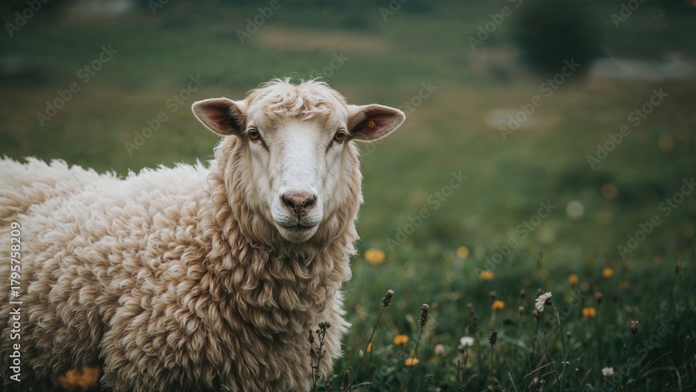 Fototapeta premium A young sheep or lamb in a grassy field.