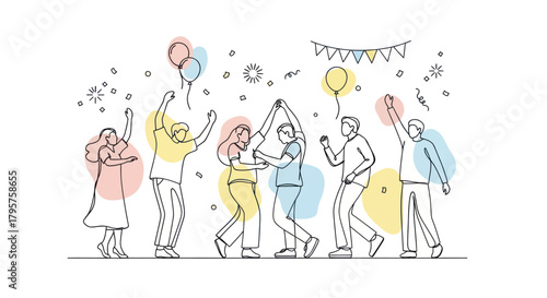 Celebrate success with this minimalist line art of people partying with balloons and confetti, perfect for invitations or event promotions!